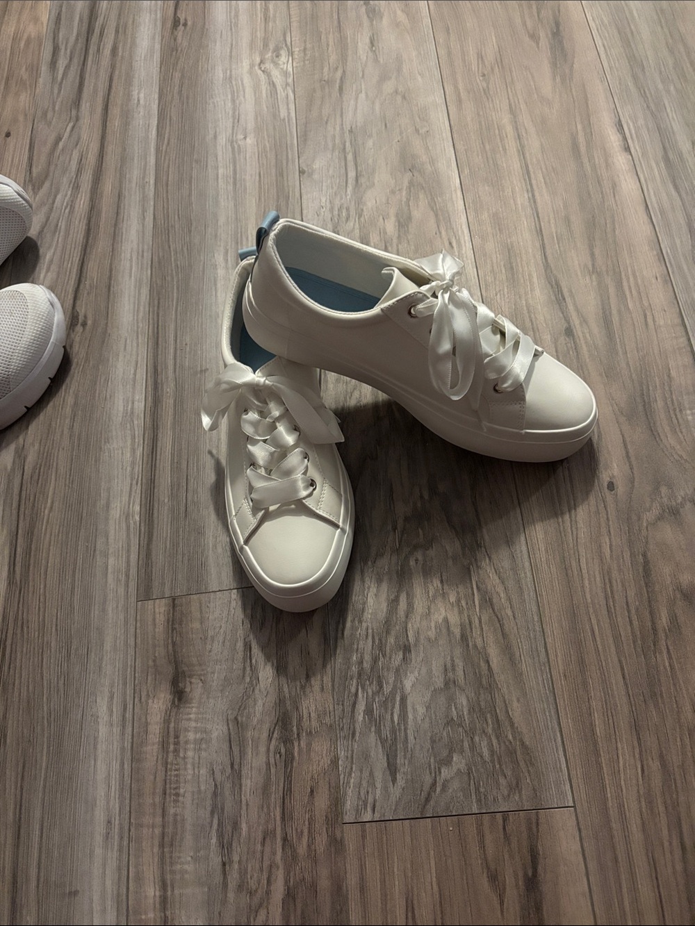 David's Bridal White Satin Ribbon Lace Platform Sneakers